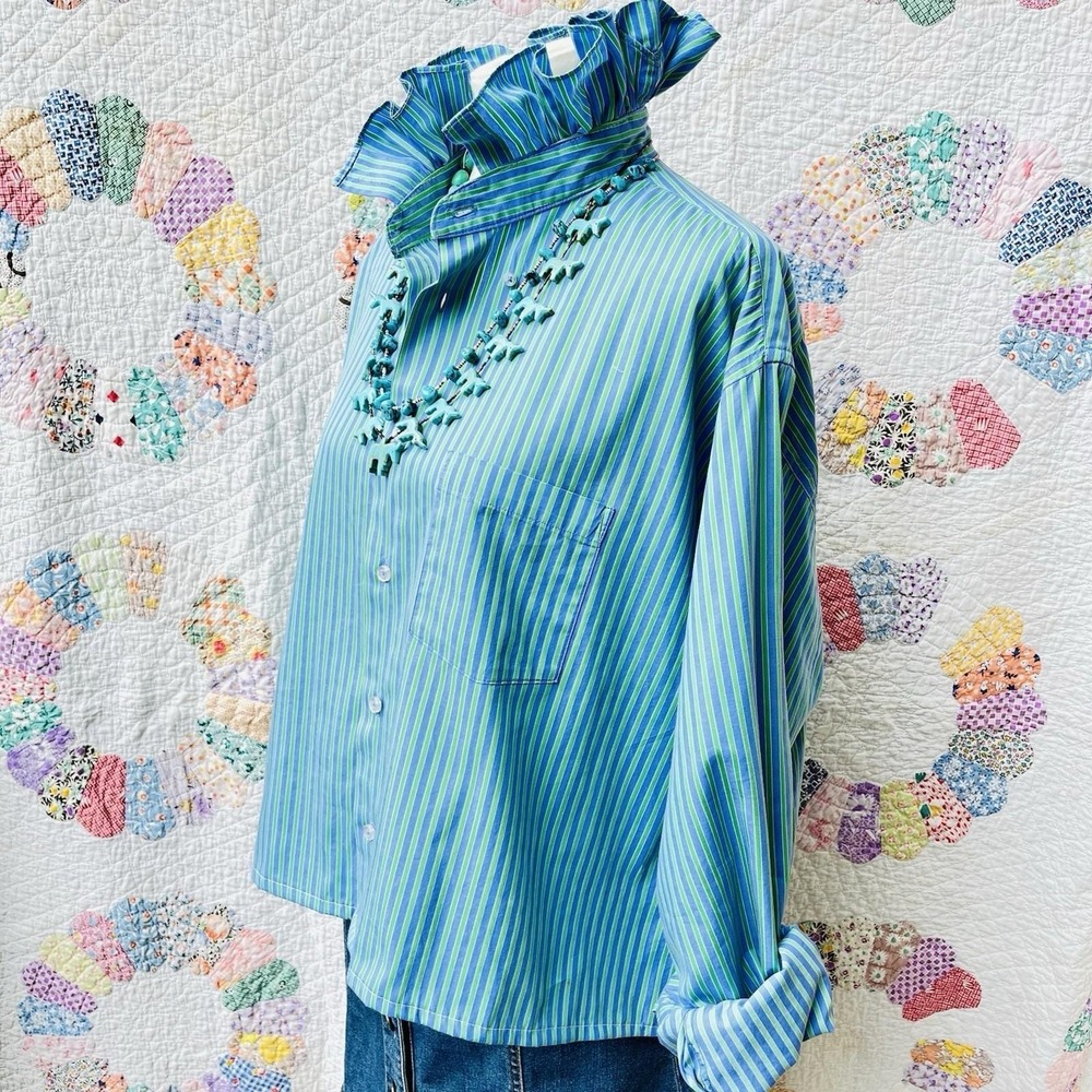 Upcycled Pajama Stripe Forsyth of Canada Blue‎ & Green Ruffle Collar Shirt XXL